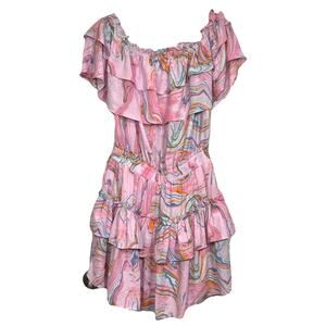 Buddy Love Dress Size M Pink Swirl Off Shoulder Smocked Waist Chiffon Mini NWT